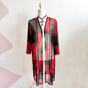 Vintage Black Floral Mesh Duster Cardigan‎ Sheer Kimono Goth Romantic Witchy 3X